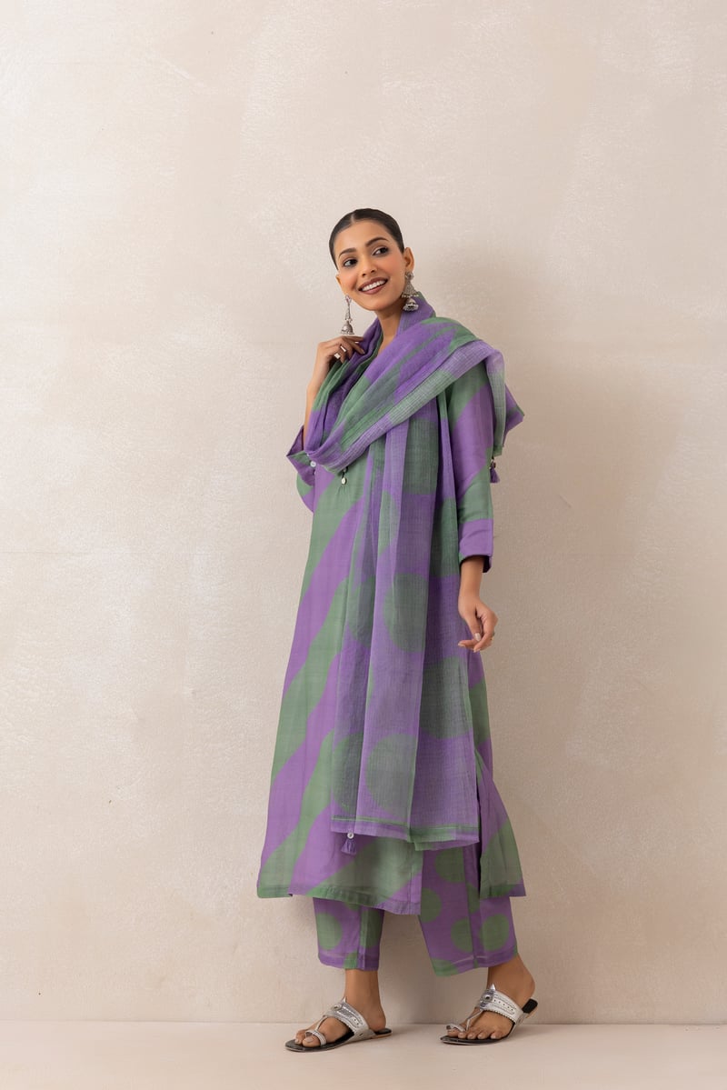 Purple and Green Printed Straight Kurta Set with Dupatta