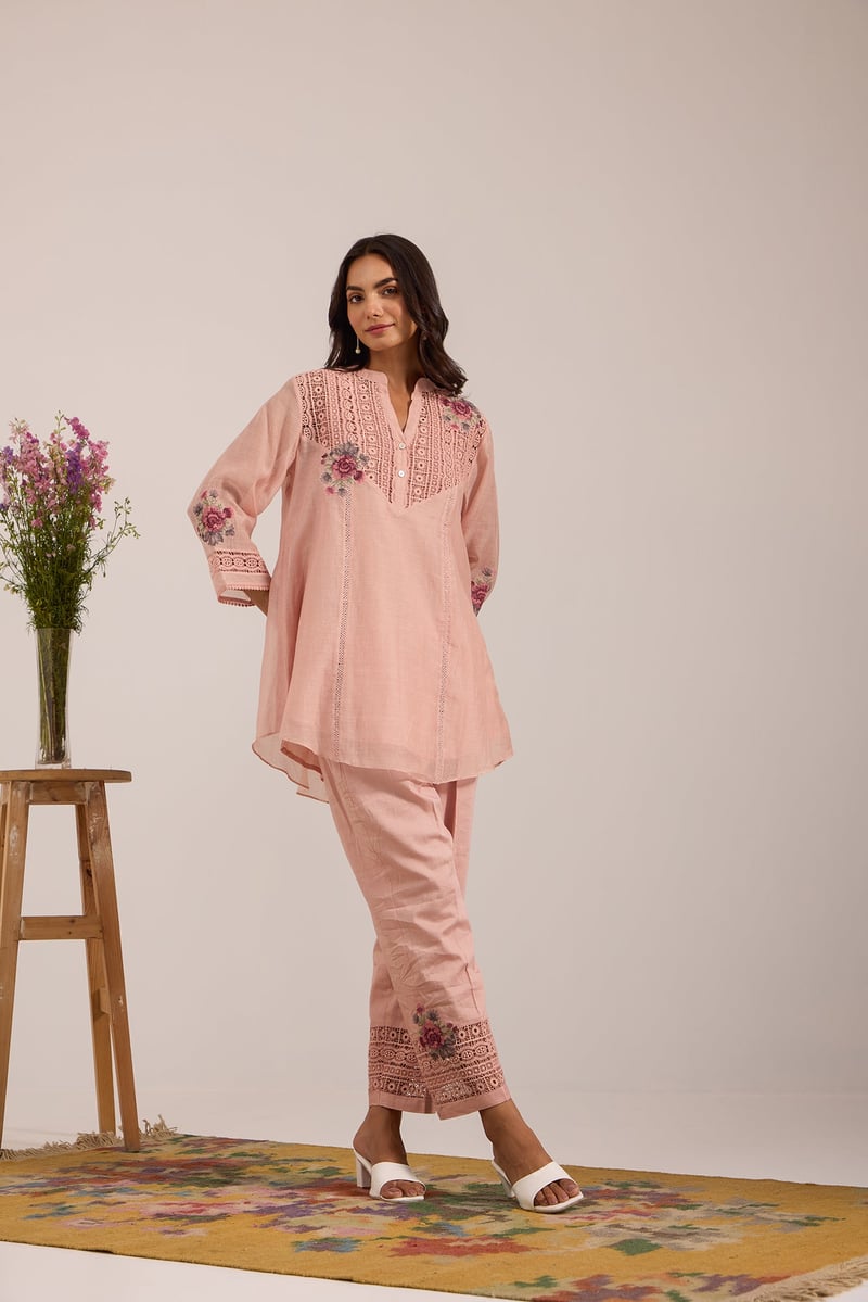 Pink Mul Chanderi Tunic and Straight Pant Co-ord Set