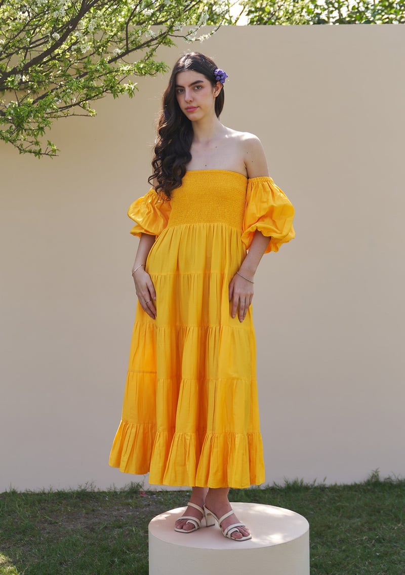 Mango Yellow Tiered Smocked Midi Dress with Detachable Sleeves