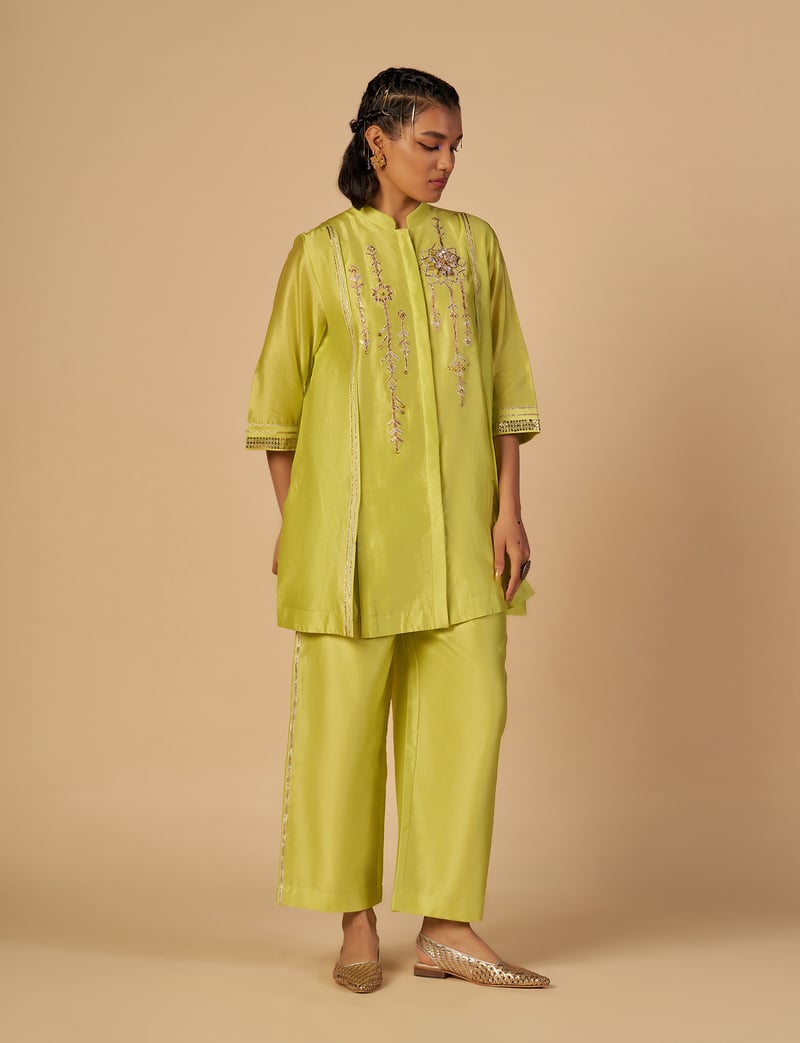 Lime Green Wide-Leg Chanderi Trousers — Gulabo by Abu Sandeep