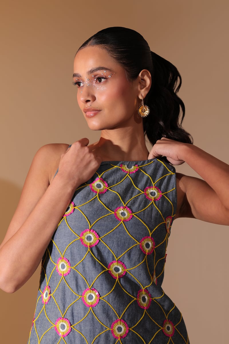 Blue Denim Embroidered Daisy Lattice Shift Mini Dress