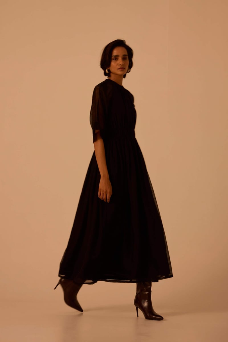 Black Handwoven Chanderi Maxi Dress with Ruched Waist
