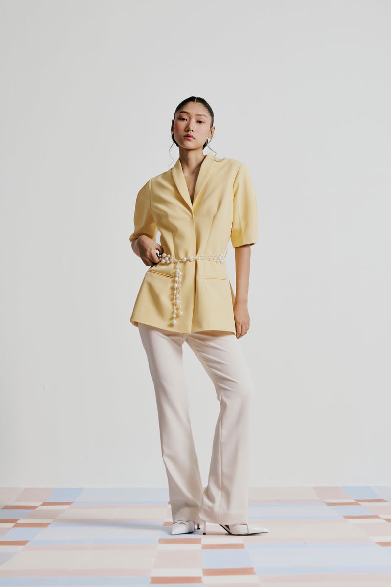 Pastel Yellow Banana Crepe Tailored Blazer with Pearl Belt
