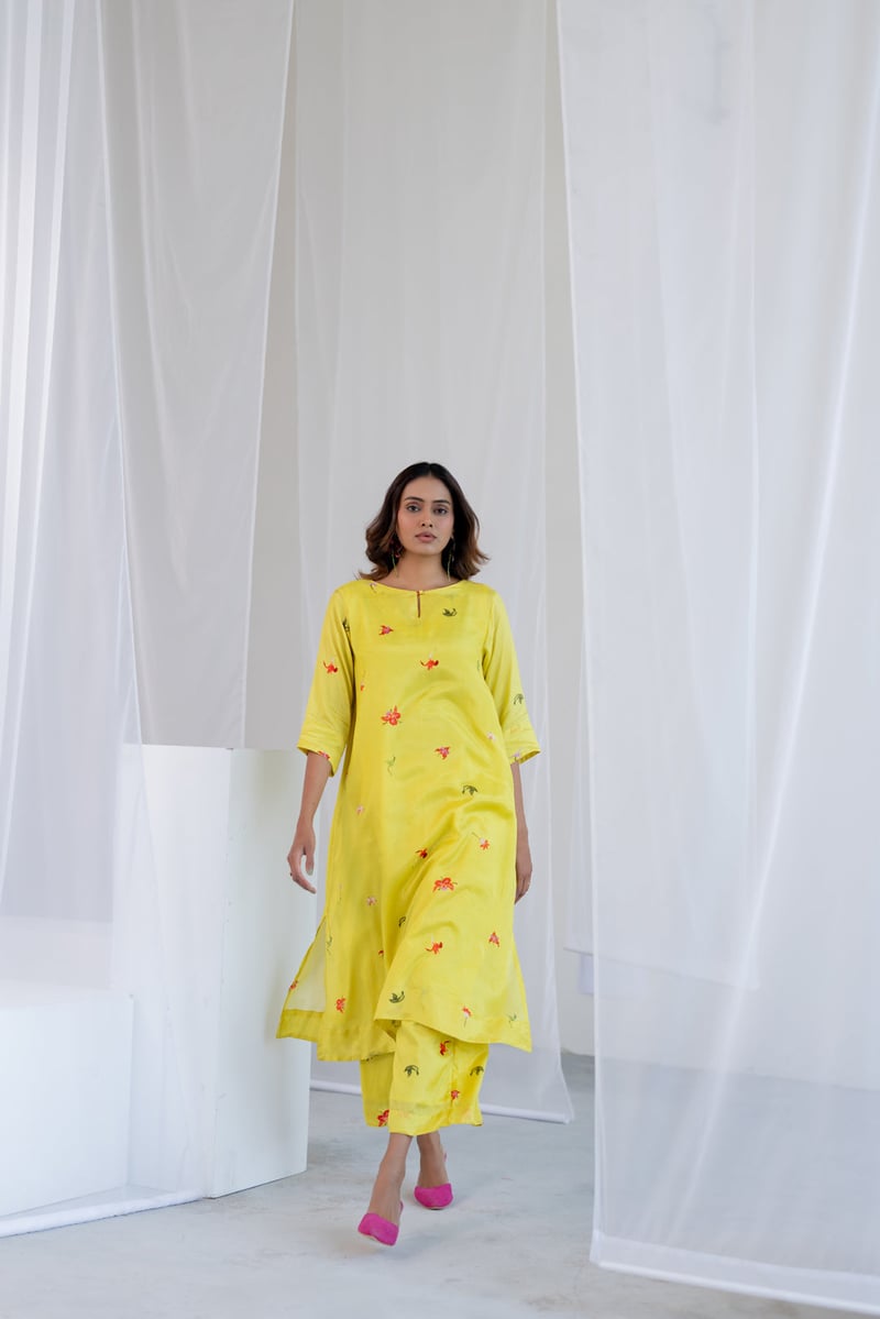 Lime Green Silk Voile Floral Printed Kurta Set with Pants