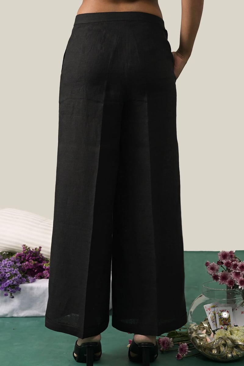 Black Linen Pleated Wide-Leg Trousers