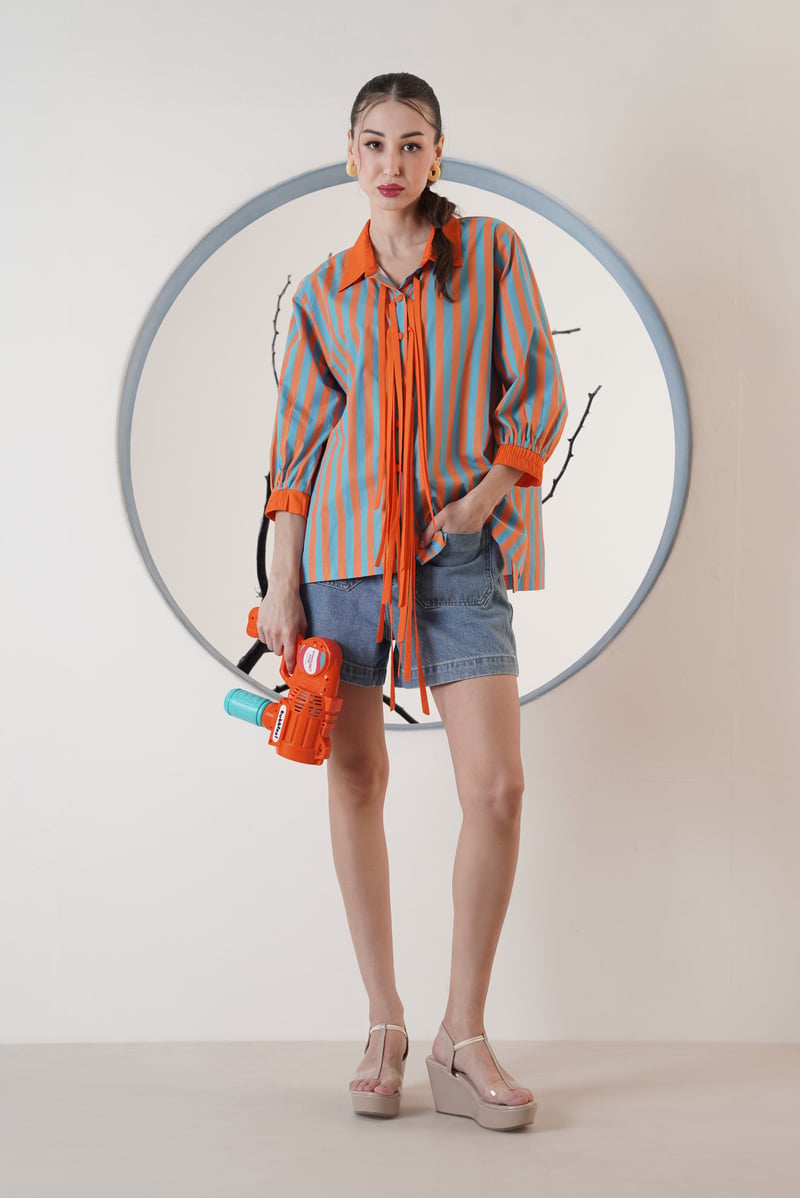 Blue and Orange Striped Tie-Front Collared Shirt
