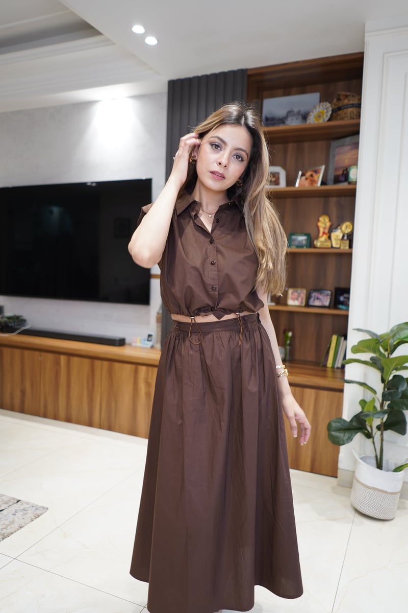 Brown Poplin Crop Shirt and Maxi Skirt Co-ord Set