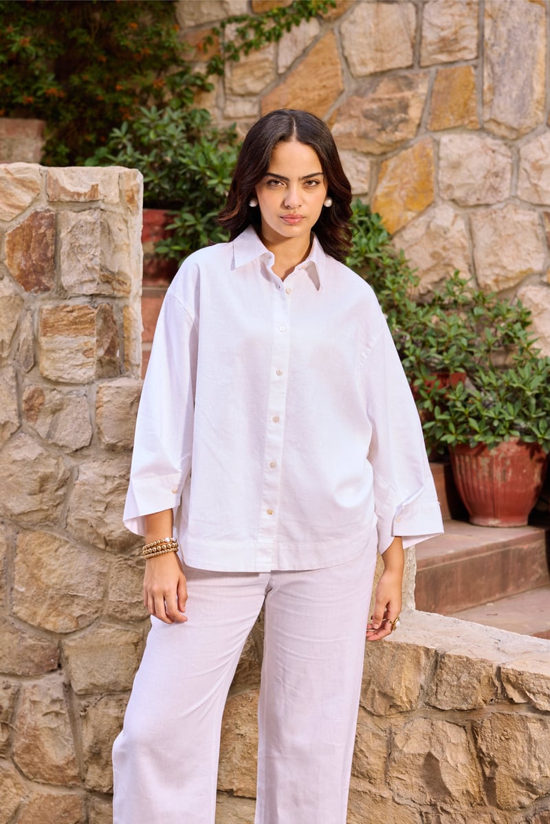 White Linen Blend Shirt and Wide-Leg Pants Co-ord Set