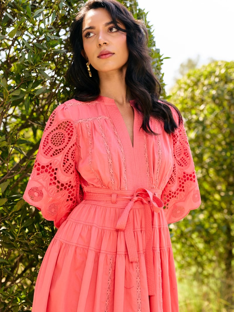 Pink Tiered Midi Dress with Schiffli Sleeves and Belt