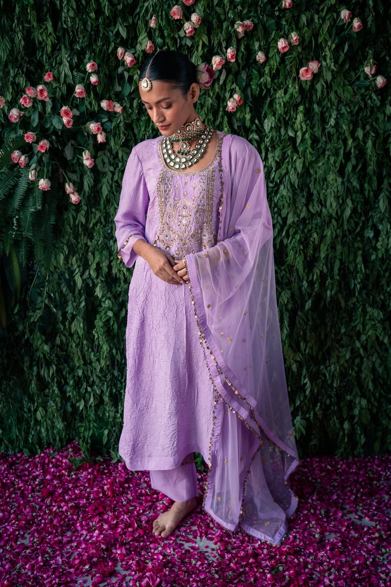 Lavender Crushed Silk Embroidered Kurta Set with Dupatta