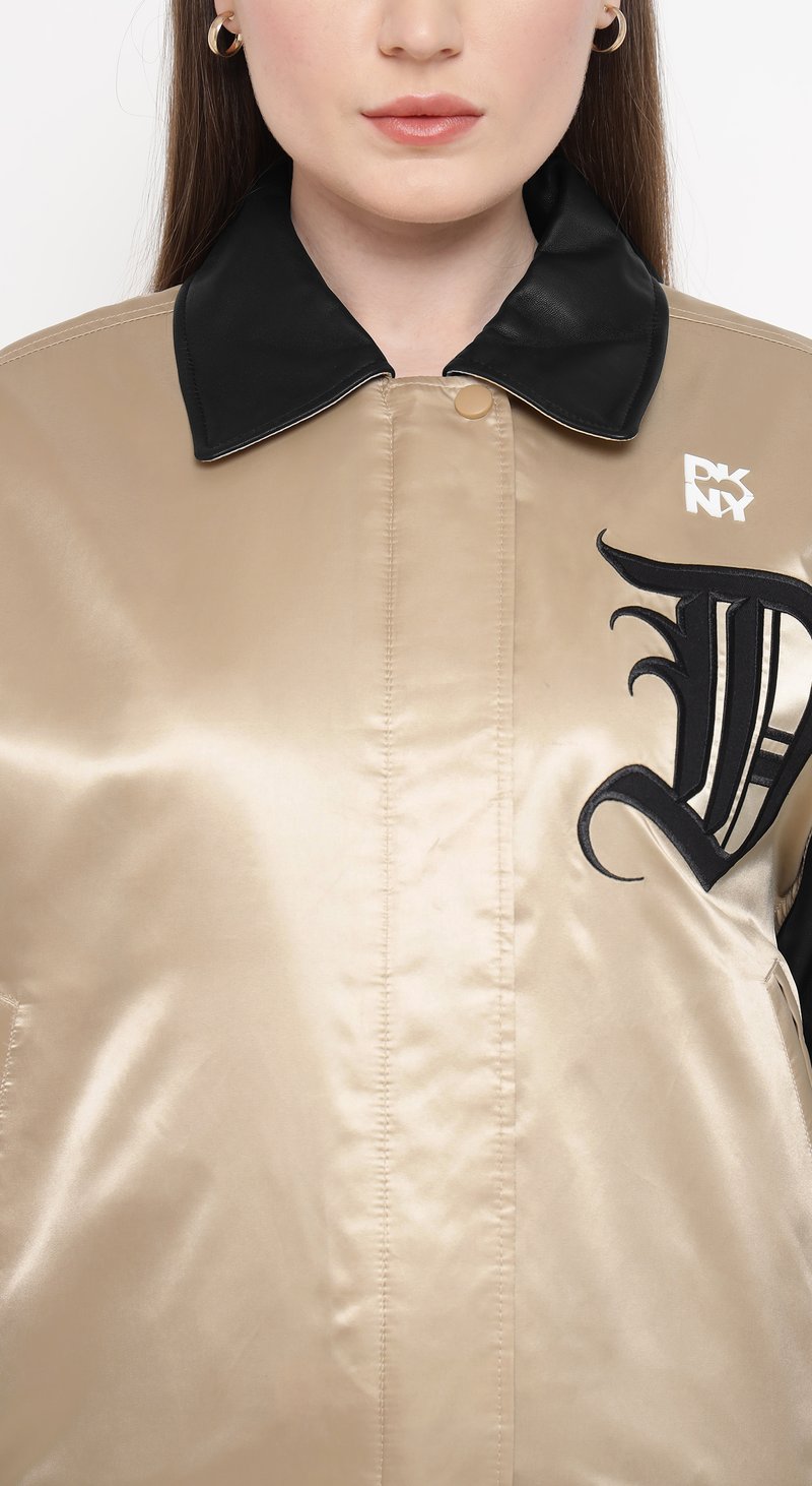 Beige and Black Colorblock Varsity Bomber Jacket