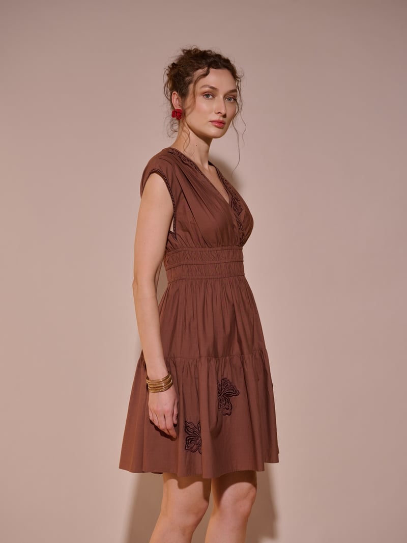 Brown Cotton Embroidered Fit and Flare Mini Dress