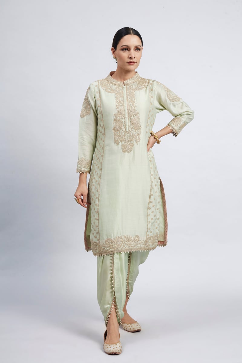 Mint Green Tilla Embroidered Kurta and Dhoti Set