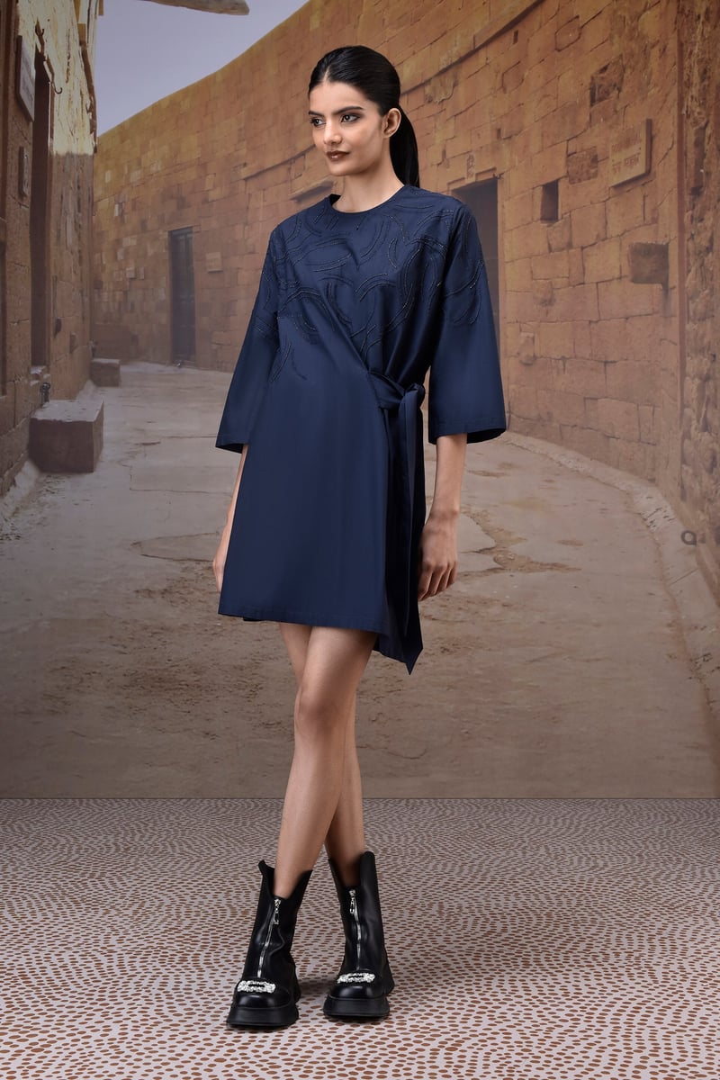 Navy Cotton Poplin Tie-Waist Straight Dress