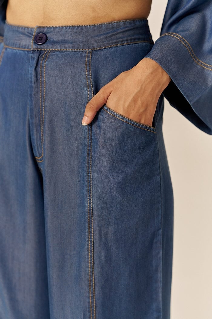 Blue Lapel Shirt and Flared Pants Co-ord Set