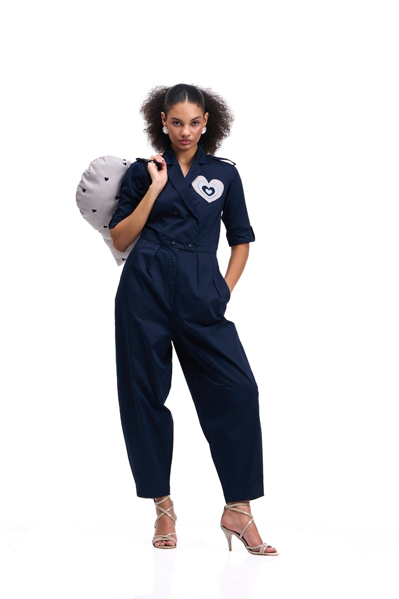 Navy Cotton Satin Tailored Jumpsuit with Heart Applique