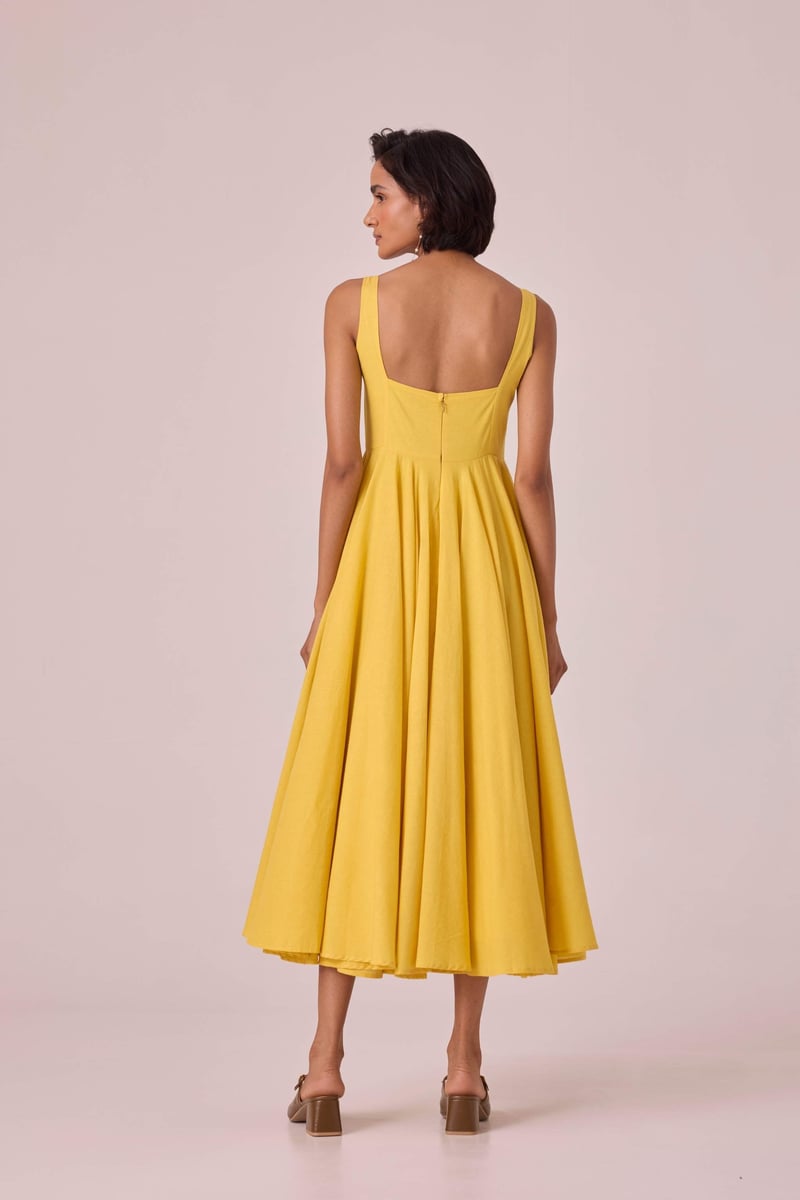 Yellow Fit and Flare Square Neck Midi Dress