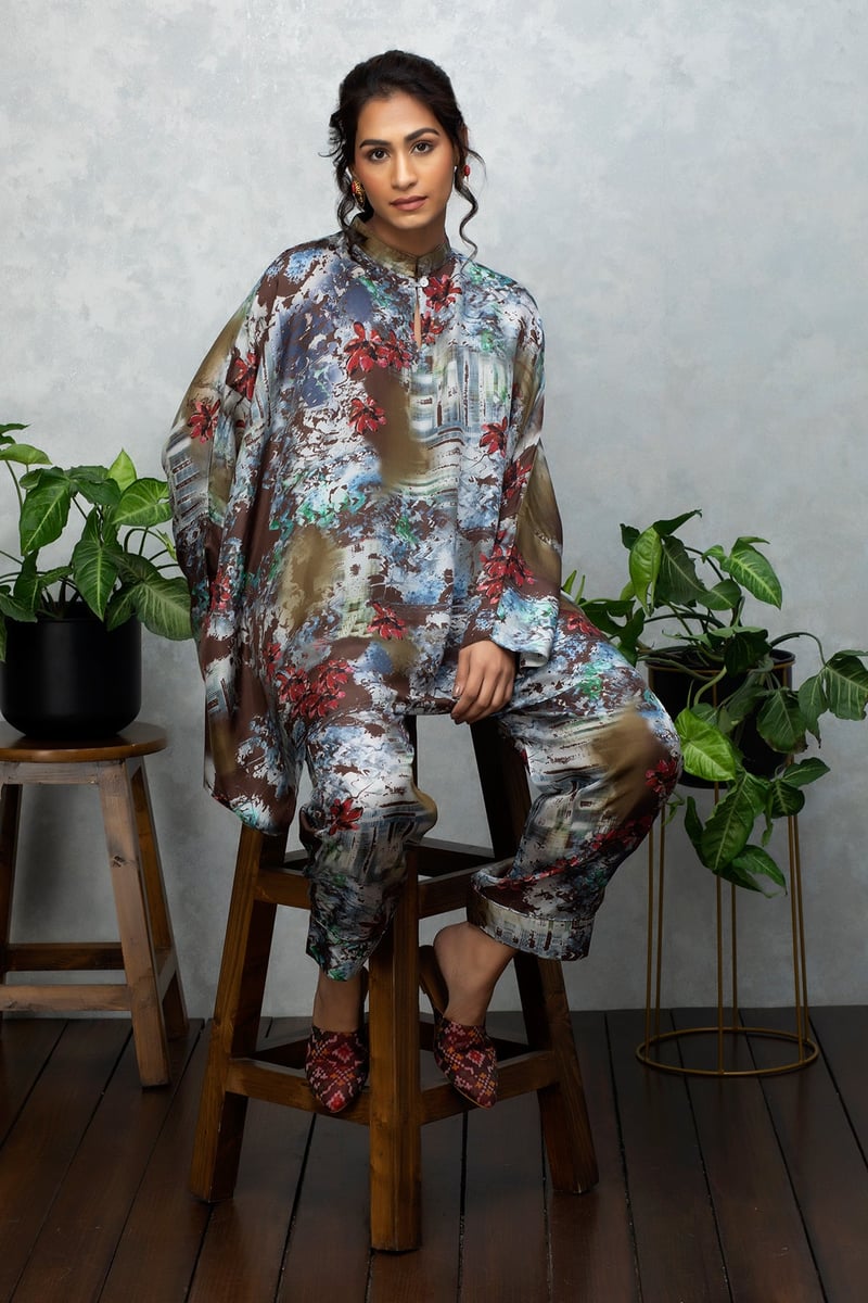 Beige Brown Silk Printed Kaftan Top and Pants Co-ord Set — Rhe-Ana