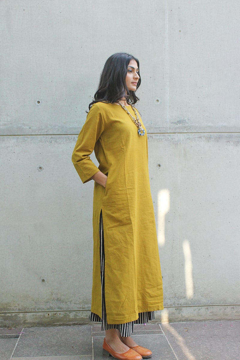 Mustard Kurta and Striped Culottes Cotton Co-ord Set
