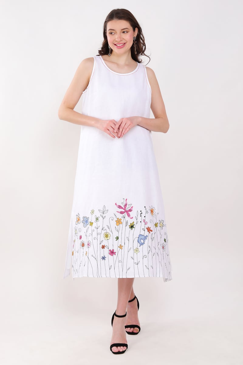 White Multi Color Floral Emb Dress