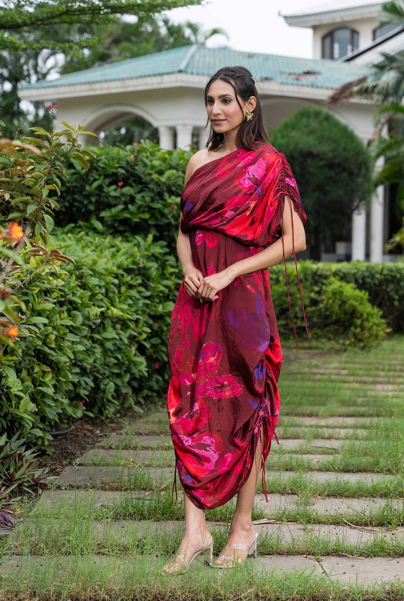 Wine One-Shoulder Floral Ruched Chinon Maxi Dress
