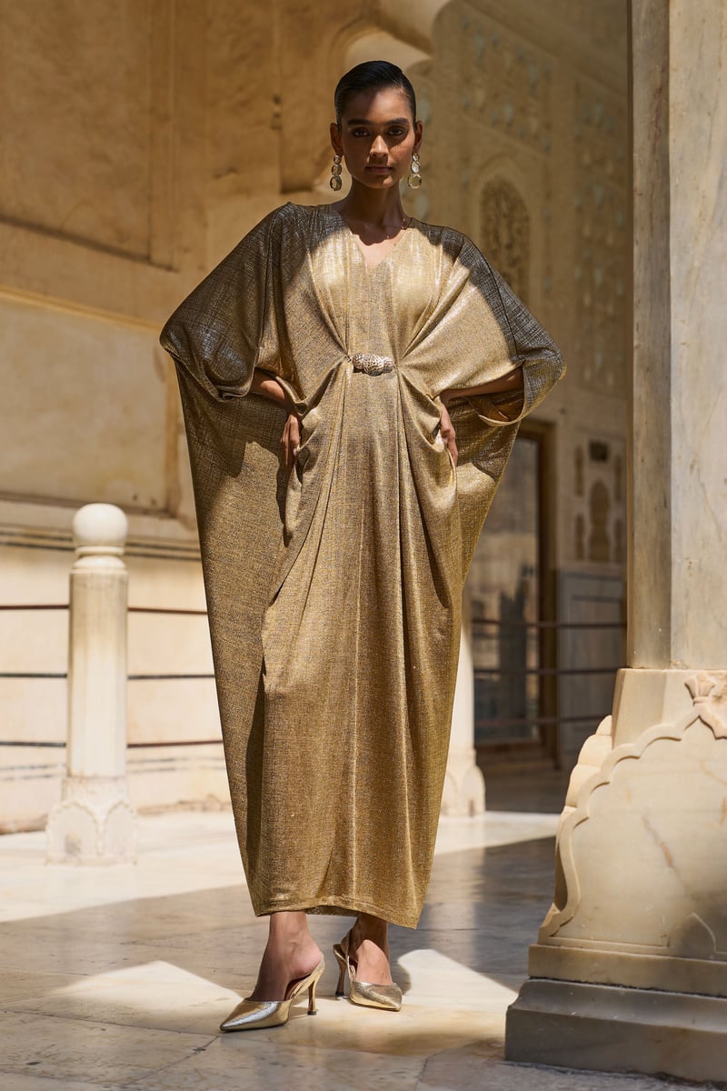Gold Metallic Draped Maxi Kaftan with V-Neck