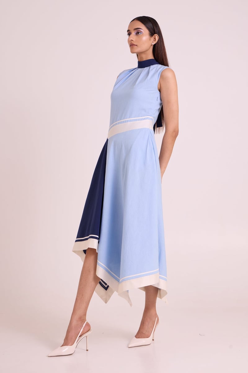 Ice Blue and Navy Colorblock Asymmetrical Midi Dress