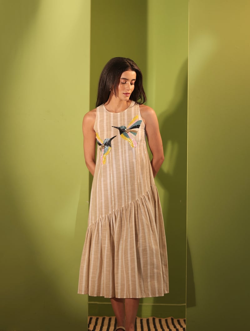Beige Striped Cotton Midi Dress with Hummingbird Embellishment