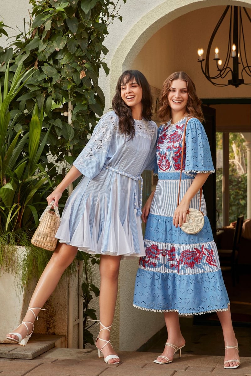 Blue Tiered Broderie Embroidered Cotton Midi Dress