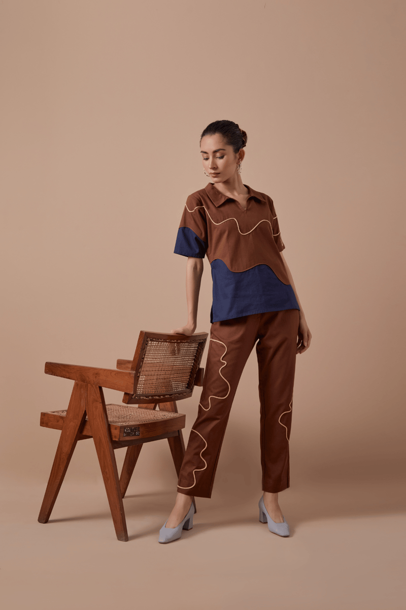 Mocha Brown Colorblocked Cotton Twill Co-ord Set