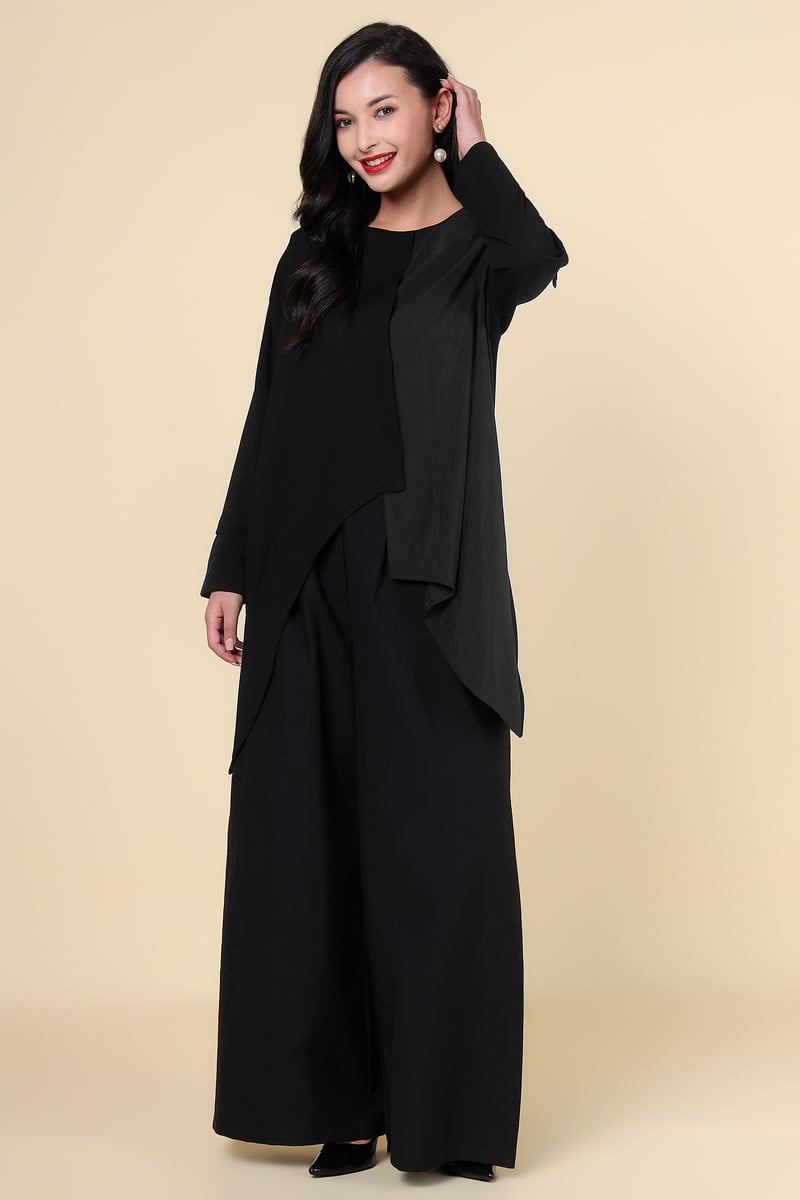 Black Asymmetric Layered Longline Top