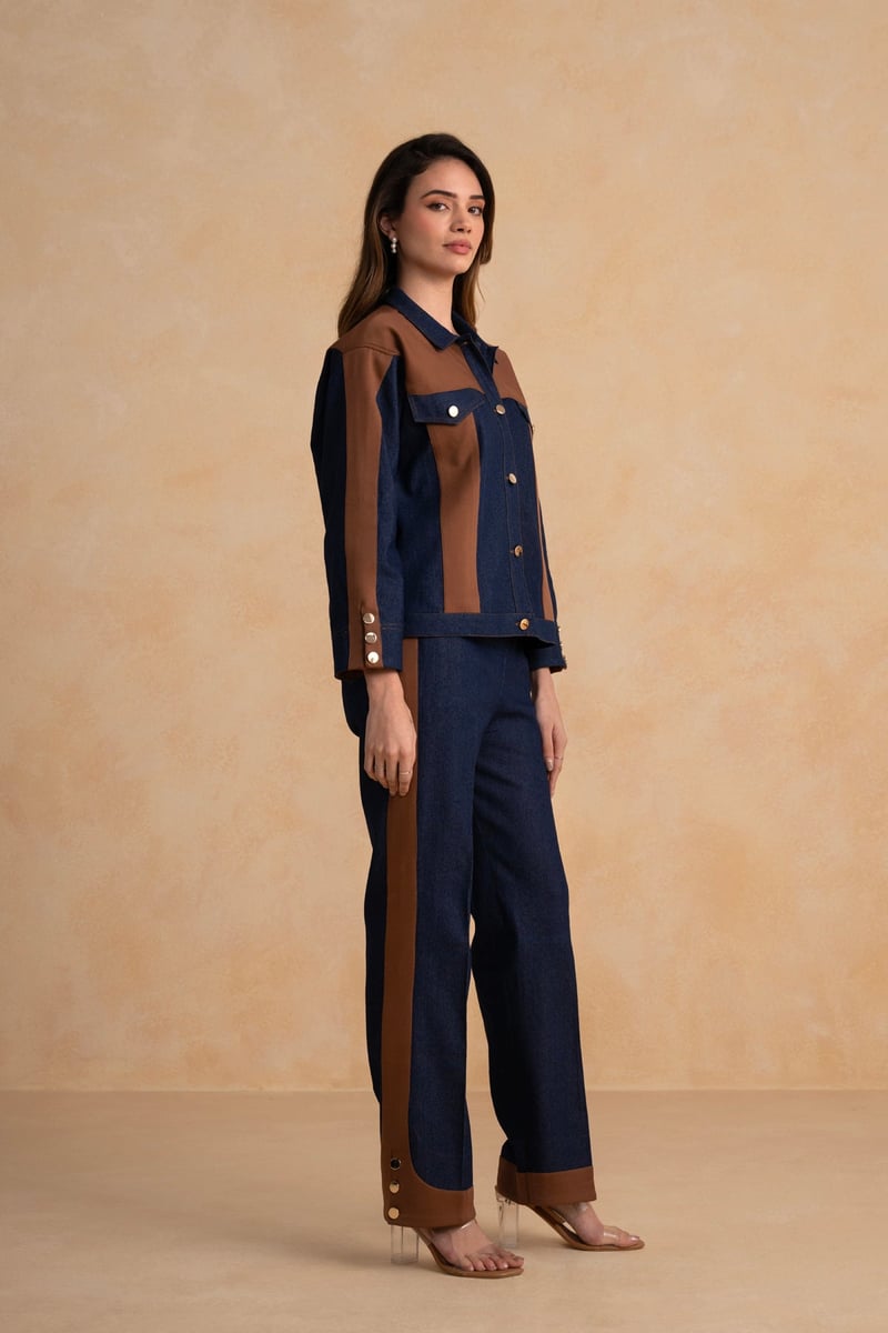 Indigo Denim and Tan Suede Colorblock Co-ord Set