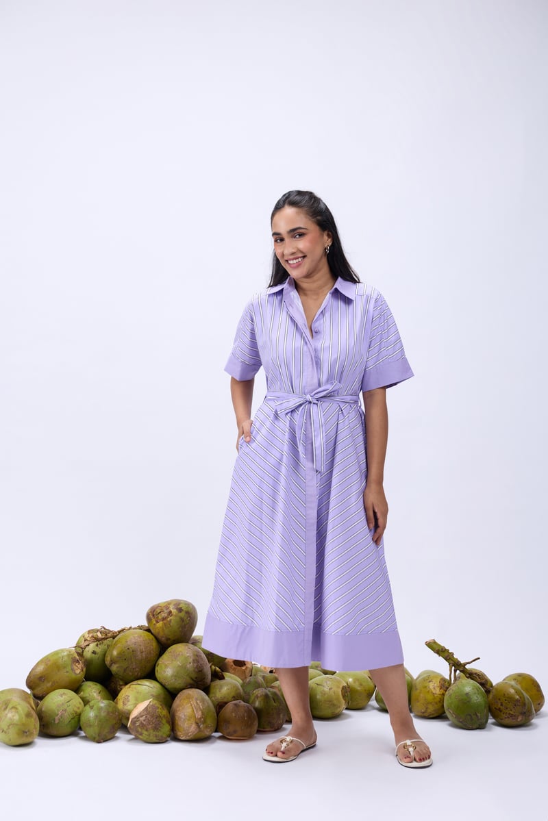 Lavender Striped Cotton Poplin Belted Midi Shirt Dress