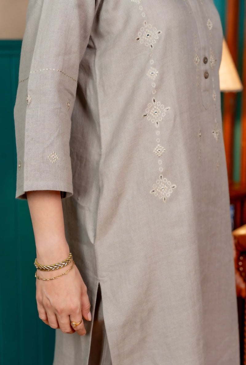 Fossil Grey Linen Kurta Set with Tonal Embroidery