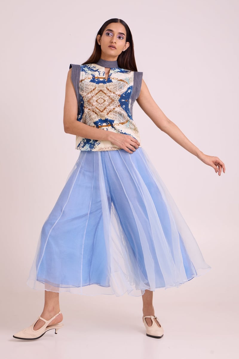 Ice Blue Printed Top and Divided Skirt Co-ord Set