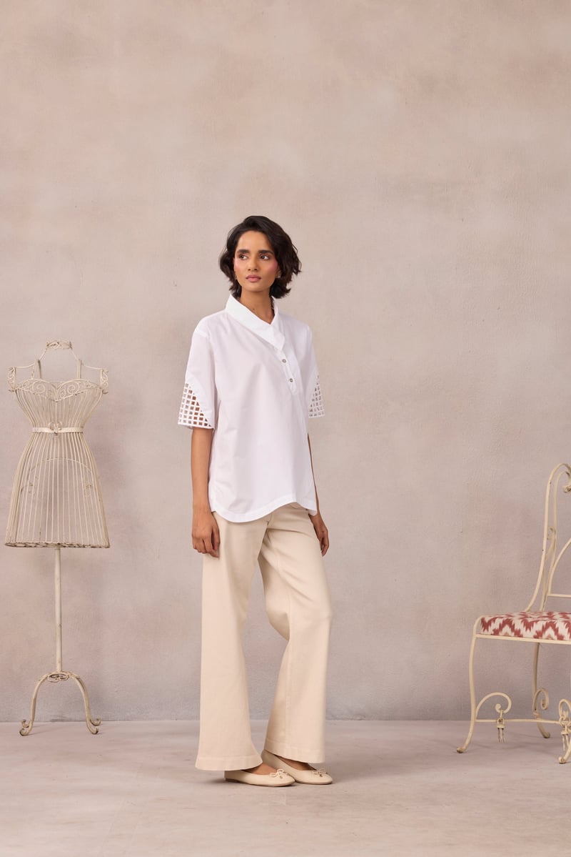 Bright White Poplin Shirt with Geometric Sleeve Cutwork