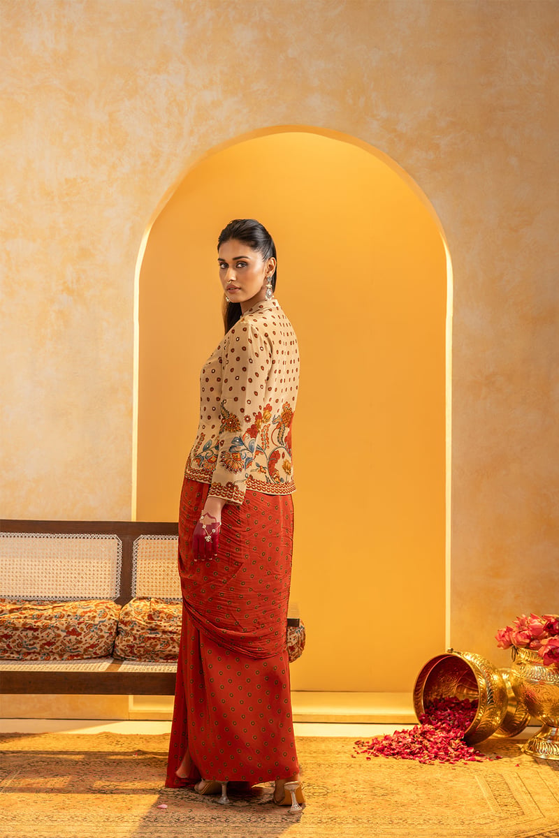 Beige Jacket and Maroon Drape Maxi Skirt Co-ord Set