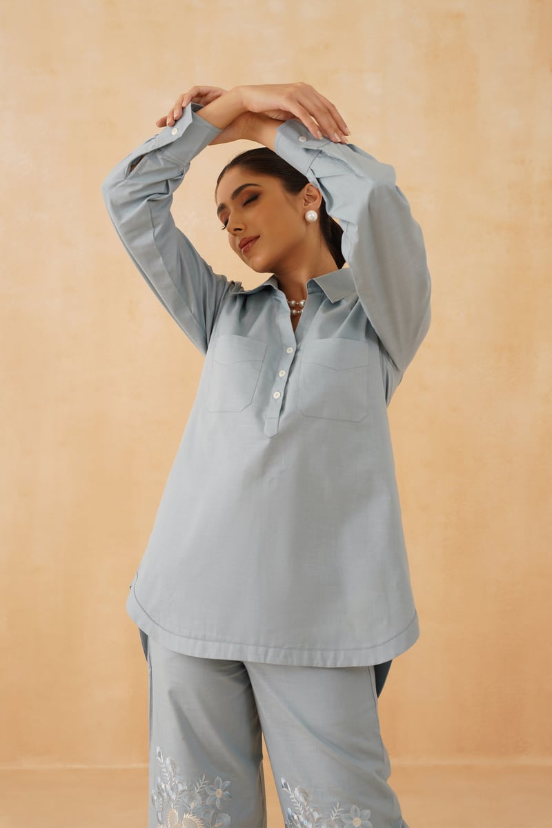 Light Blue Embroidered Tunic and Pant Co-ord Set