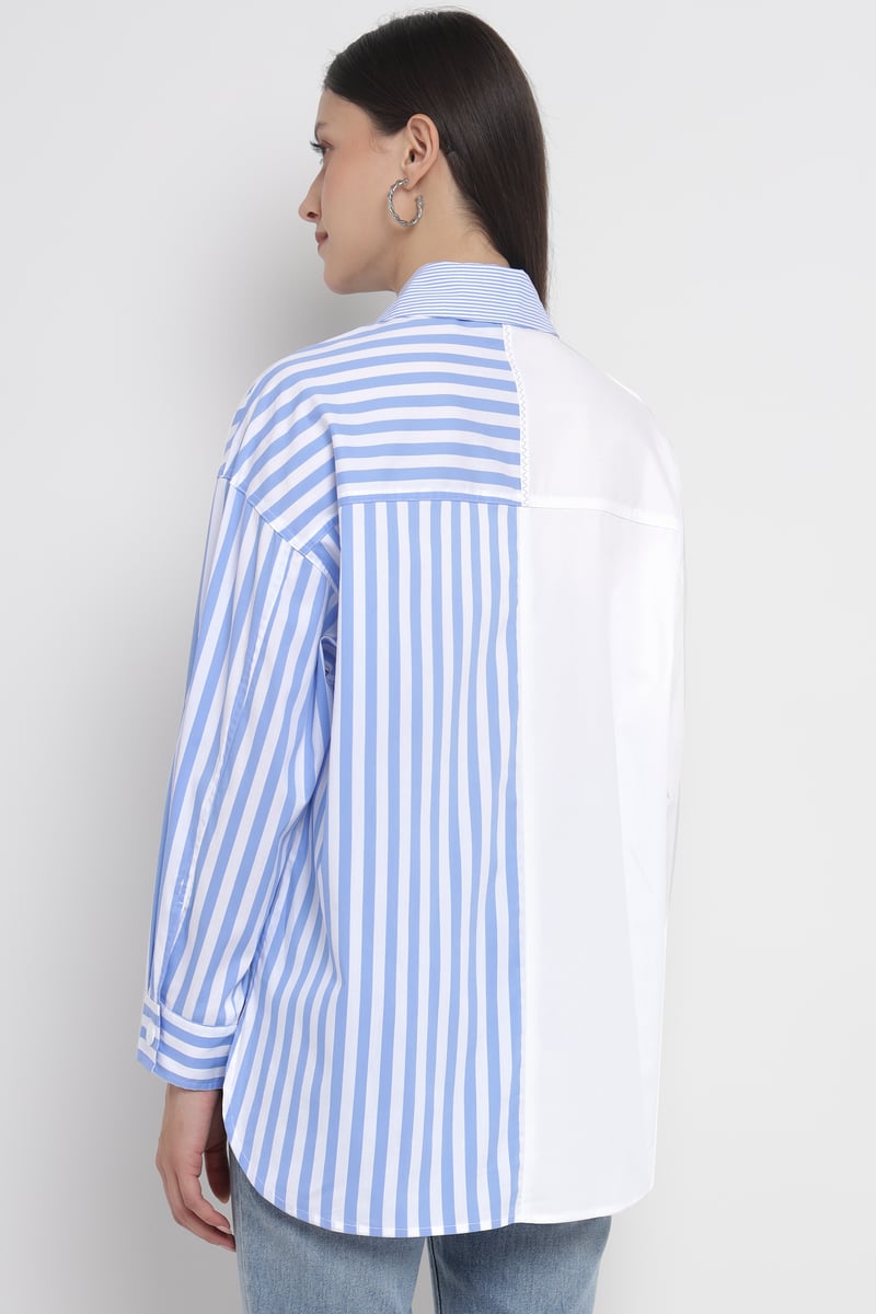 White and Light Blue Colorblocked Striped Button-Up Shirt
