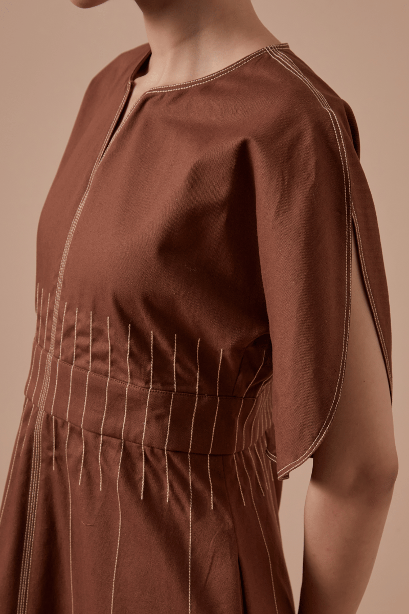 Brown Organic Cotton Twill A-Line Midi Dress