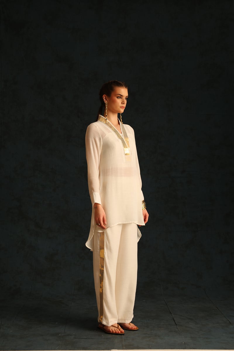 Off-White Foil-Lace Tunic and Palazzo Co-ord Set