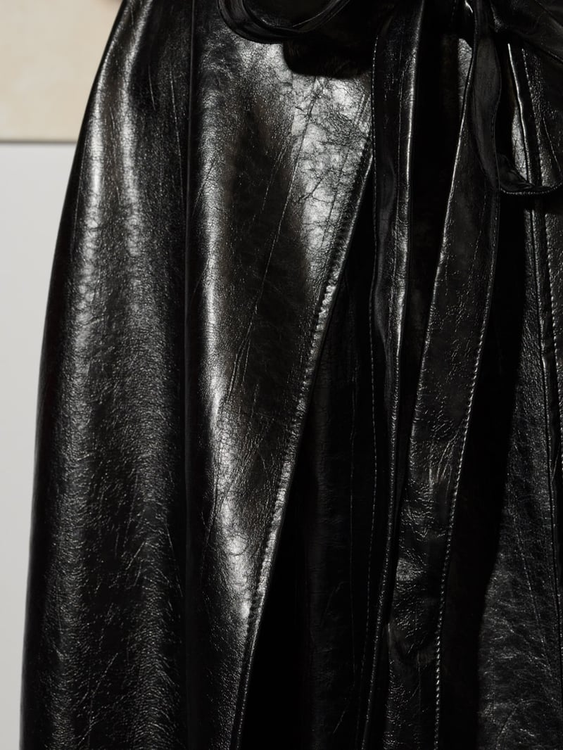 Coal Black Faux Leather Wrap-Tie Midi Skirt