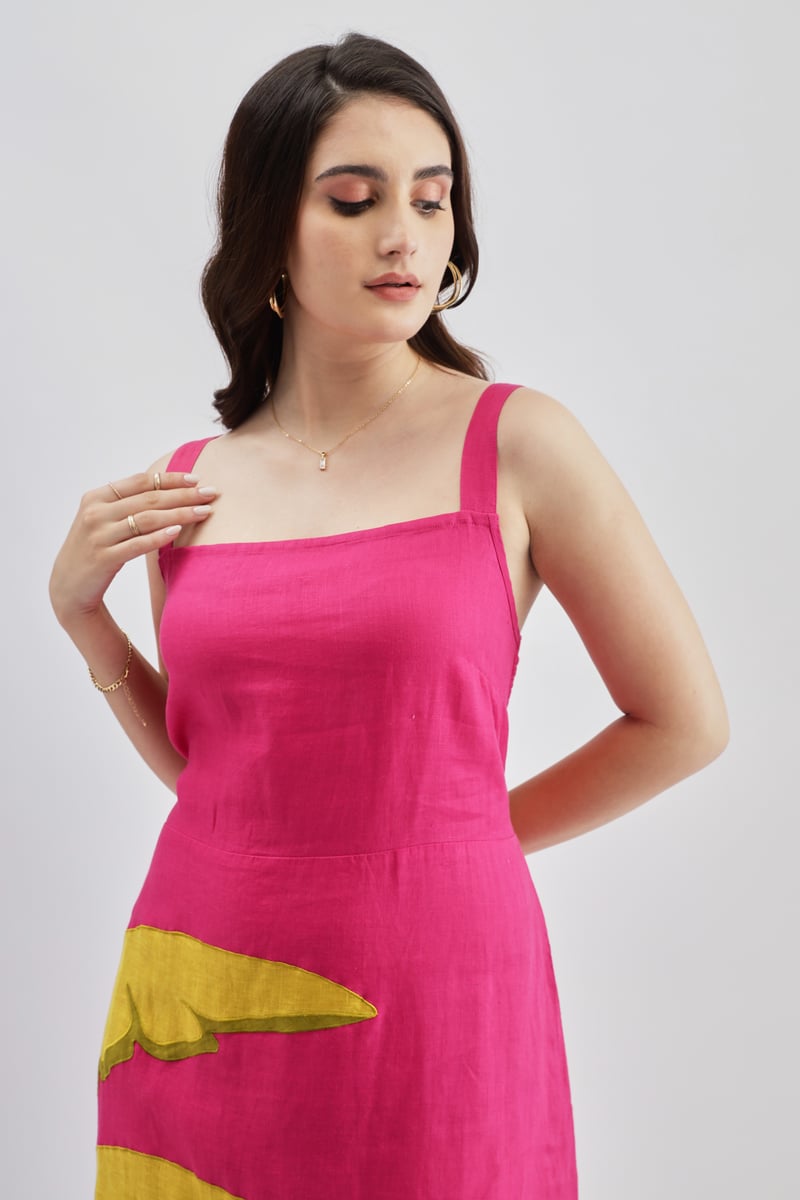 Fuschia Linen Square Neck A-Line Midi Dress