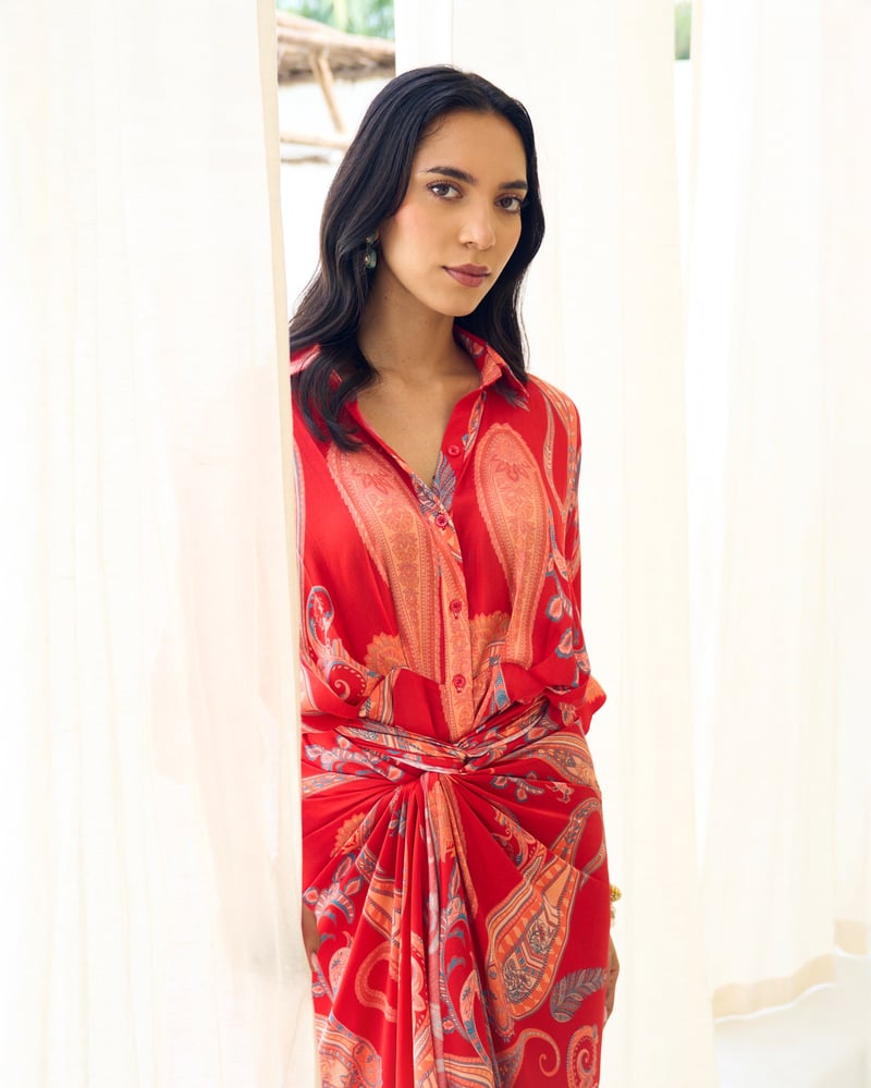 Red Paisley Wrap Midi Dress with Twist-Knot Waist