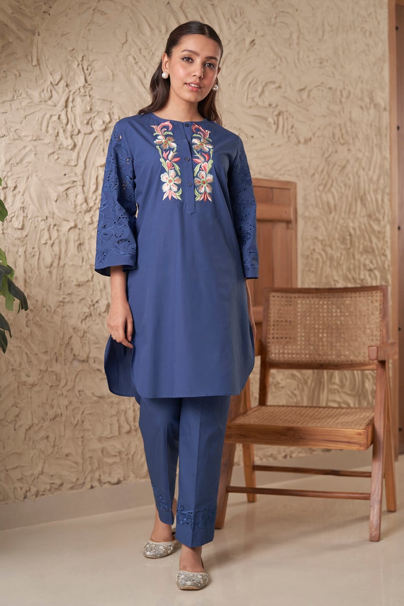 Deep Blue Straight Kurta Set with Embroidery and Cutwork — SAMATVAM