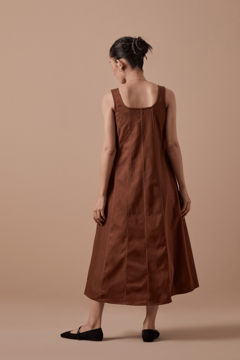 Brown A-Line Button-Down Midi Dress with Contrast Embroidery