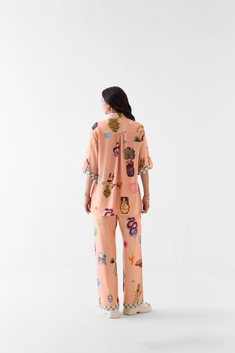 Peach Printed Linen Shirt and Wide-Leg Trousers Co-ord Set