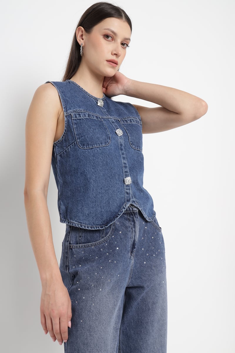 Blue Denim Waistcoat with Statement Buttons