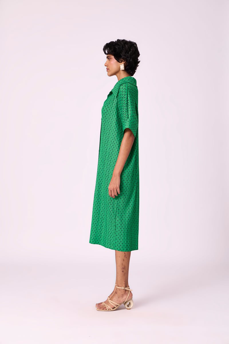 Green Pleated Printed Midi Shirt Dress
