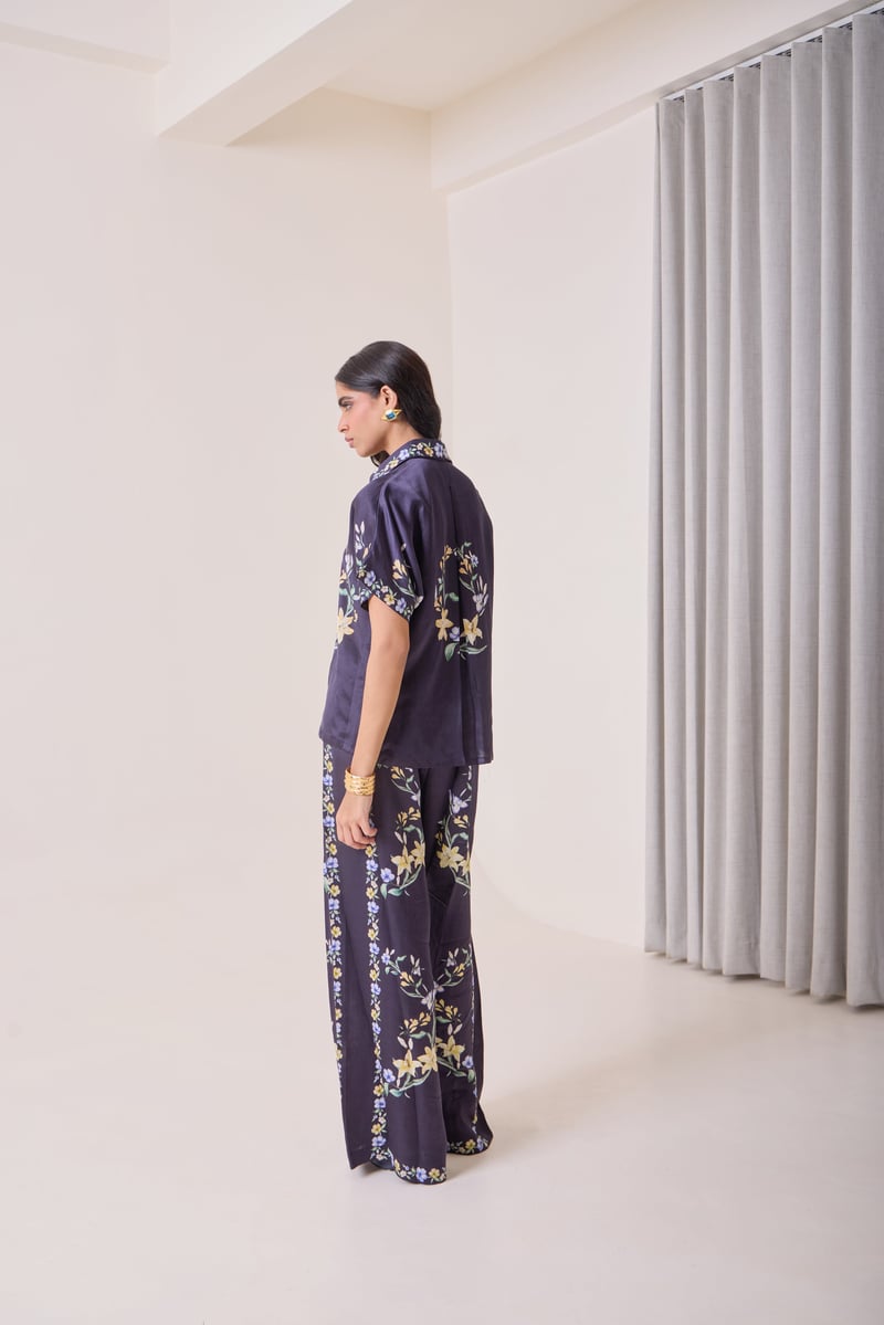 Navy Linen Satin Floral Placement Print Shirt